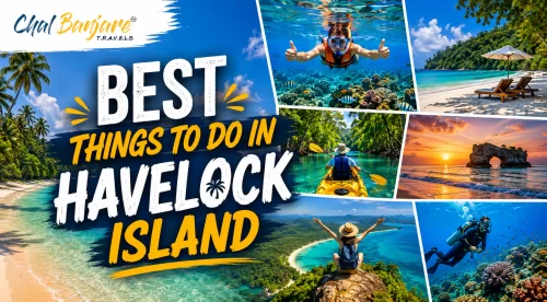 Best Things to Do in Havelock Island graphic featuring a tropical beach coastline, alongside small photos of snorkeling, beach lounge chairs, kayaking, a natural rock arch sunset, a viewpoint hike, and scuba diving for an Andaman travel blog