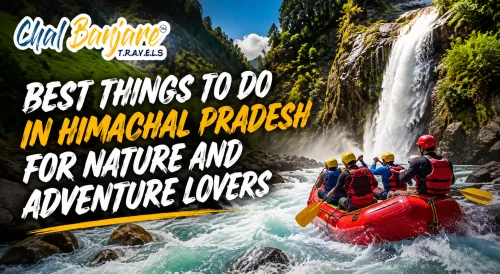 Best Things to Do in Himachal Pradesh for Nature and Adventure Lovers graphic showing a group river rafting down a rushing river past a massive waterfall for travel blogs