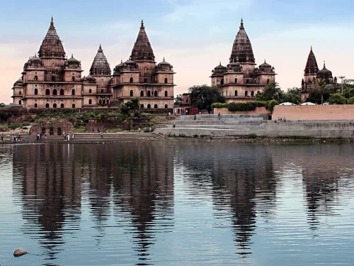 Betwa River View Point in Orchha, Madhya Pradesh with cenotaph temples reflected in the river, featured in Madhya Pradesh tour packages