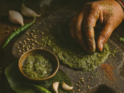 Bhaang ki Chutney in earthy stone-ground green paste with chili and garlic garnish, authentic Indian chutney, rustic Indian cuisine delight.