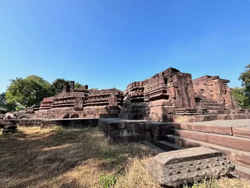 Bijamandal Temple in Vidisha, Madhya Pradesh with ancient stone platform ruins and carved architectural remains, featured in Madhya Pradesh tour packages