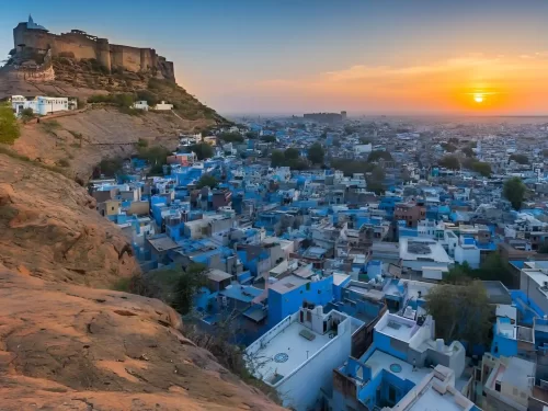 Blue Corridor Jodhpur Narrow alleyway with vibrant blue-painted walls and traditional doors in the old city of Jodhpur.