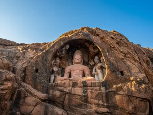 Bojjannakonda Visakhapatnam. Ancient Buddhist rock-cut caves and stupas with carved Buddha statues in Andhra Pradesh. 