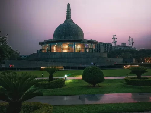Buddha Smriti Park Patna illuminated stupa and meditation center at sunset Bihar tourist attraction 