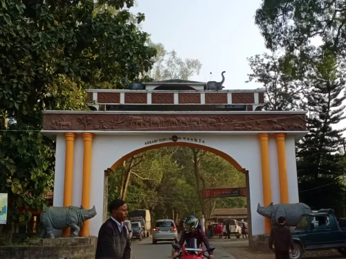 Central Kohora Range Kaziranga National Park Assam main safari entry gate with iconic rhino statues