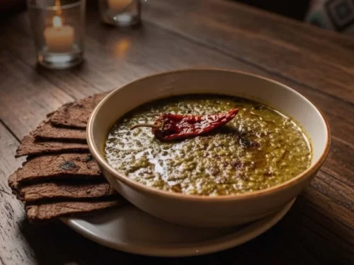 Chainsoo in thick spiced black gram curry with dried red chili garnish, authentic Indian Kumaoni dish, steaming hot Indian cuisine delight.