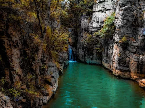 Chakra Theertham Tirupati serene waterfall and sacred natural pool amid rocky gorge in Andhra Pradesh tour packages.