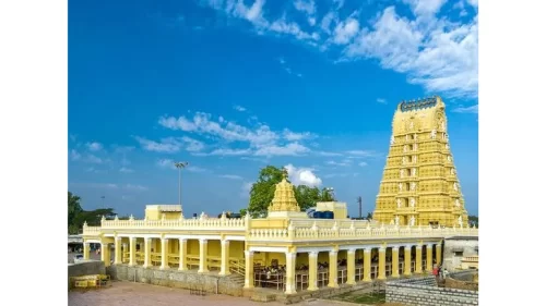 Chamundi Hills. Chamundeshwari Temple gopuram on Chamundi Hills, Mysore with blue sky and Dravidian architecture.