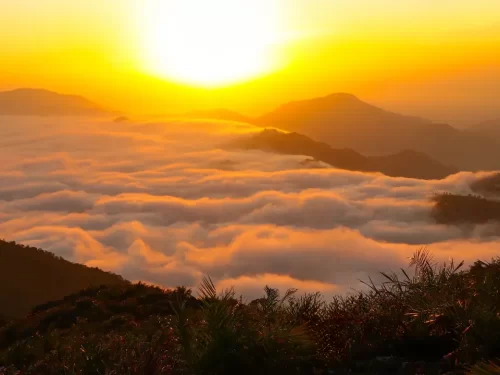 Cheruvula Venam View Point breathtaking sunrise above clouds and scenic hill landscape in Andhra Pradesh tour packages.