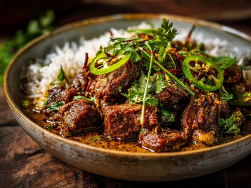 Chha Gosht in creamy yogurt-based Kashmiri gravy with cilantro and green chili garnish, authentic Indian mutton curry, rich Indian cuisine delight.