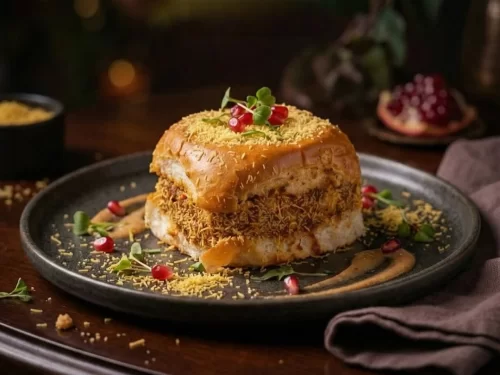 Dabeli in spiced potato filling with sev and pomegranate garnish, authentic Indian street food snack, flavorful Indian cuisine delight.