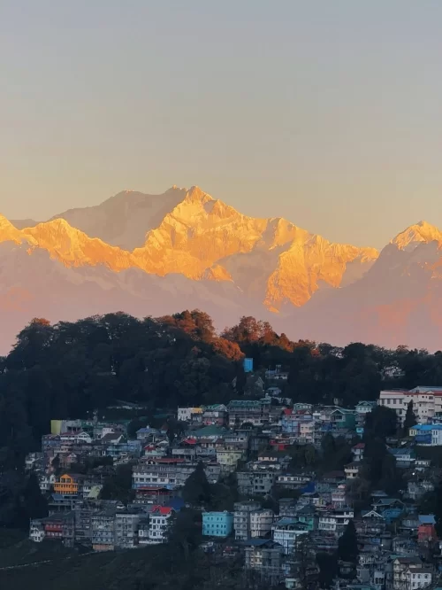 Snow covered Kanchenjunga peaks glowing at sunrise above Darjeeling town, a breathtaking Himalayan view featured in West Bengal tour packages.