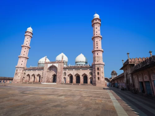 Taj-ul-Masajid at Bhopal during clear daylight, featuring pink minarets white domes courtyard, perfect cultural Madhya Pradesh tour package.