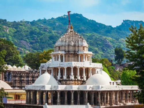 Dilwara Jain Temple white marble interior with world-famous intricate stone carvings and domes in Mount Abu Rajasthan.