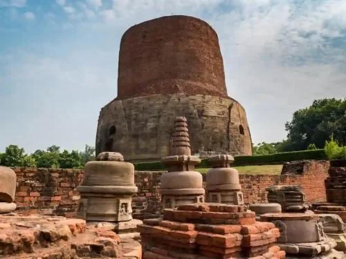 Dhamek Stupa Sarnath, ancient Buddhist monument built of stone and brick marking Buddha’s first sermon site in Uttar Pradesh.