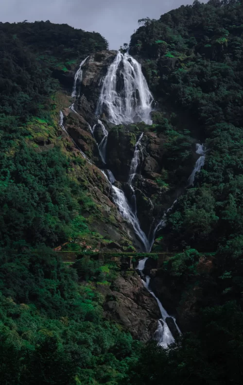 Majestic Dudhsagar Waterfalls cascading down lush green hills in Goa, a breathtaking natural attraction included in Goa tour packages.