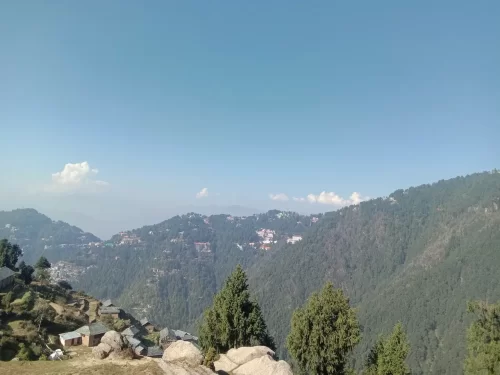 Panoramic view from Ganji Pahari at Dalhousie during clear sky, featuring pine trees, misty Dhauladhar mountains, valley town, perfect adventure Himachal Pradesh tour package.