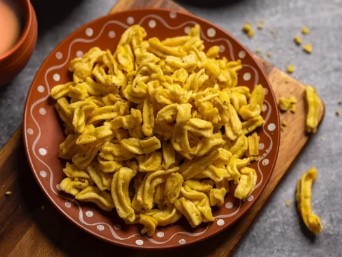 Gathiya in crispy fried gram flour strips with mild spice seasoning, authentic Indian Gujarati snack, crunchy Indian cuisine delight.