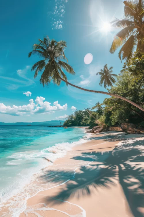 Crystal clear turquoise waters meeting soft sandy shore with leaning coconut palms under bright sunshine in Goa, a stunning beach escape featured in Goa tour packages.