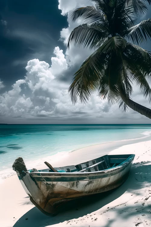 Traditional wooden fishing boat resting on white sandy beach with turquoise sea and palm trees in Goa, a peaceful coastal charm highlighted in Goa tour packages.