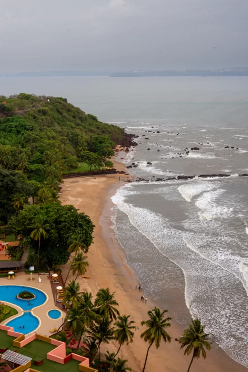 Aerial view of a serene Goa beach with palm lined shoreline, gentle waves and coastal cliffs, a scenic retreat highlighted in Goa tour packages.