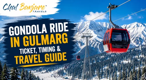Gondola Ride in Gulmarg Ticket, Timing & Travel Guide graphic showing a bright red cable car moving high above snow covered pine trees with grand snow capped mountain peaks in the background for Gulmarg travel blogs