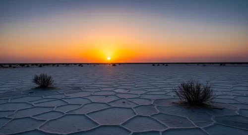 White salt desert at Rann of Kutch during sunset, featuring salt patterns, adventure Gujarat tour package.