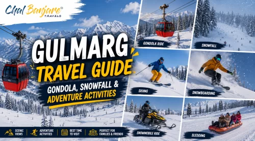 Gulmarg Travel Guide graphic showing a red gondola over a snowy mountain landscape, with small photos of a gondola ride, snowfall, skiing, snowboarding, a snowmobile ride, and sledding for Kashmir travel blogs.