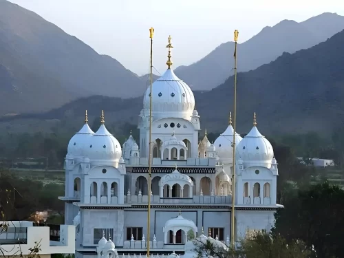 Gurudwara Sahib Pushkar historic white marble Sikh temple dedicated to Guru Nanak Dev Ji and Guru Gobind Singh Ji located near the holy Pushkar Lake in Rajasthan.