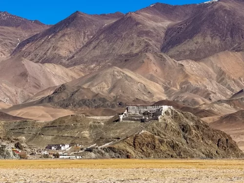 Hanle Monastery Ladakh dramatic barren mountains blue sky, ancient Drukpa Kagyu gompa Changthang valley heritage, perfect observatory stargazing cultural package.