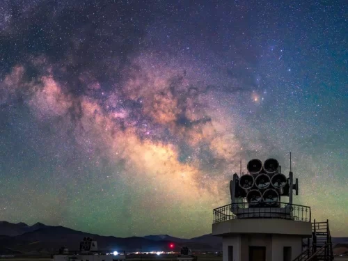 Hanle Indian Astronomical Observatory Milky Way rooftop radar array cosmic glow peaks, HAGAR telescope dark sky reserve astrophotography, perfect stargazing Himalayan astronomy package.