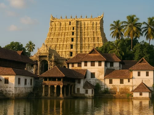 Sree Padmanabhaswamy Temple Thiruvananthapuram Kerala sunrise golden light seven-story towering gopuram intricate carvings traditional Kerala nalukettu houses palm trees temple tank water reflection, ancient Vishnu Hindu shrine tour package