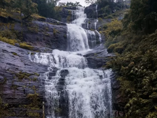 Multi-tiered Cheyyappara Waterfall near Munnar Kerala during overcast monsoon day, featuring gushing white cascades over dark rocky cliffs lush green forest, perfect roadside nature stop experience with Cheyyappara Waterfall Kerala tour package.
