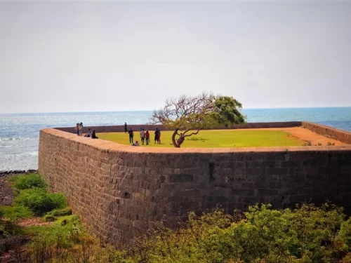 Vattakottai Fort bastion near Kanyakumari Beach in Tamil Nadu with grass-topped walls, visitors, lone tree and ocean horizon under hazy sky, perfect Tamil Nadu tour package.