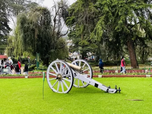 Vintage white wheel cannon on manicured green lawn Government Botanical Garden Ooty Udhagamandalam Nilgiris Tamil Nadu India surrounded by flower beds weeping willow pine trees tourists strolling misty cloudy sky, perfect Nilgiri hill station tour package