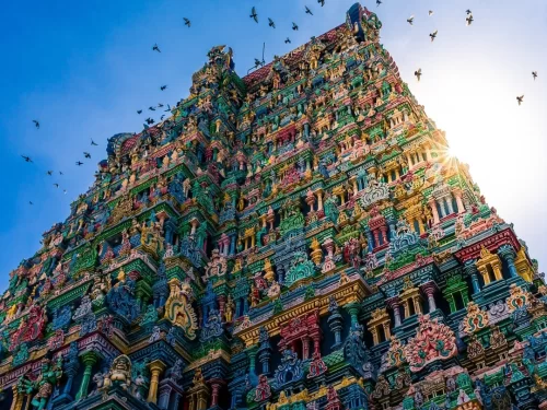 Kapaleeshwarar Temple gopuram in Mylapore Chennai during clear sunny day, featuring vibrant multicolored sculptures, intricate carvings, flocking birds, perfect cultural heritage experience Chennai temple tour package.