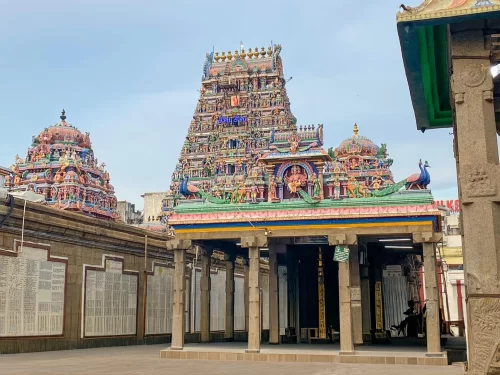 Kapaleeshwarar Temple complex in Mylapore Chennai during clear daytime, featuring multicolored gopurams, stone pillars, mandapam carvings, peacocks, perfect spiritual heritage experience Chennai tour package.