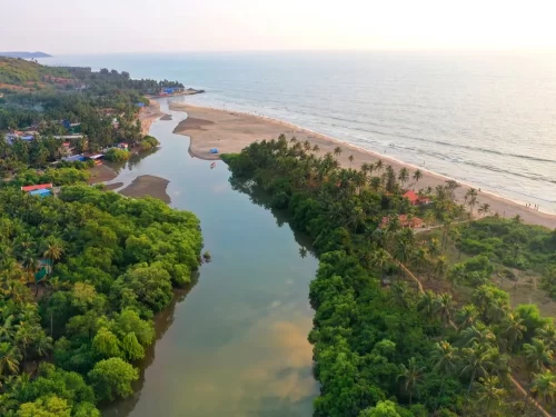 Drone aerial golden hour view of Mandrem Beach North Goa with Terekhol River estuary, featuring sandy shores palm groves colorful houses waves Arabian Sea inlet, perfect serene river beach experience with Mandrem Beach Goa tour package.
