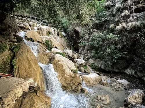 Neer Waterfall (Neer Garh Waterfall) at Rishikesh during sunny day, featuring terraced golden cascades rocky pools wooden bridge lush greenery, perfect adventure experience Uttarakhand tour package.