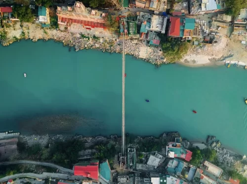 Ram Jhula suspension bridge at Rishikesh over Ganga River, aerial view featuring turquoise water riverside buildings boats red roofs, perfect spiritual experience Uttarakhand tour package.