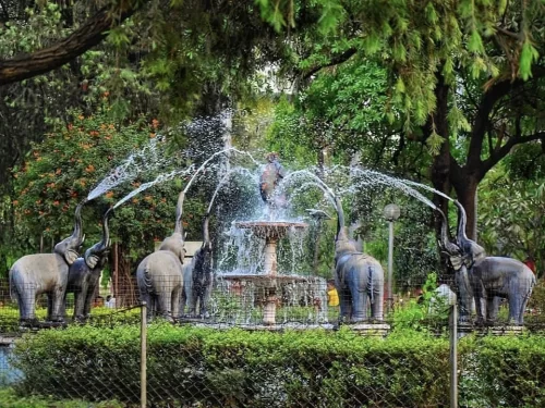 Elephant fountain at Siddharth Garden and Zoo Aurangabad during daytime, featuring spraying water, stone elephants, green trees, perfect family photo experience with Aurangabad zoo tour package.