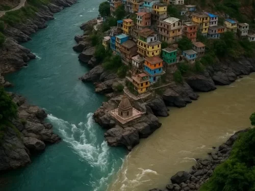 Devprayag Uttarakhand colorful hillside houses Alaknanda Bhagirathi rivers confluence turquoise brown waters temple rock outcrop mountains, perfect Uttarakhand tour packages.