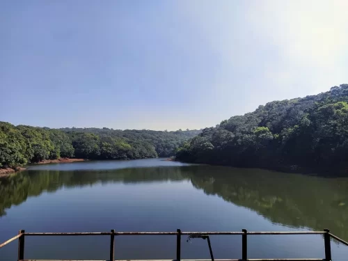 Charlotte Lake at Matheran during sunny afternoon, featuring lush forested hills and serene water reflections, perfect romantic experience Maharashtra tour package.