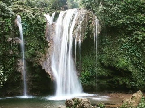 Rudradhari Waterfall Kausani lush green forested multi-tiered cascade into plunge pool rocky base tropical foliage, perfect trekking nature spot near Shiva cave temple, Uttarakhand tour packages.