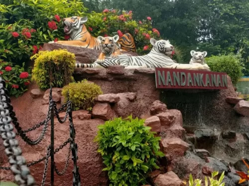 Nandankanan Zoological Park iconic entrance with white tiger and Royal Bengal tiger sculptures amid lush greenery, perfect Odisha wildlife safari tour package. 