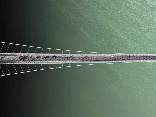 Laxman Jhula suspension bridge at Rishikesh over Ganga River, aerial view featuring cable structure turquoise water walkers, perfect spiritual experience Uttarakhand tour package.