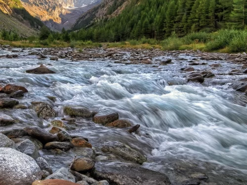 Iphi-Pani Ghat scenic river stream with rocky banks in Arunachal Pradesh Himalayan valley