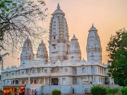 JK Temple Kanpur white marble Hindu temple with tall shikharas at sunset, Uttar Pradesh