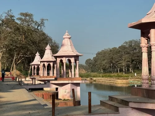 Janki Kund Chitrakoot riverside ghats with pink pavilions and serene Mandakini River in Uttar Pradesh 