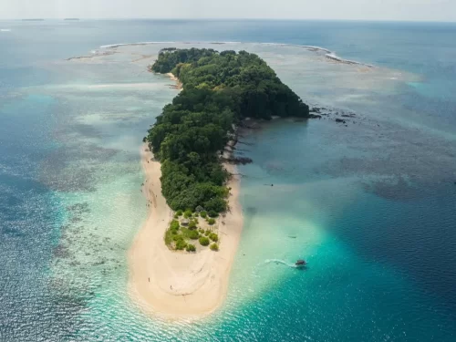 Jolly Buoy Island, pristine coral island in Mahatma Gandhi Marine National Park, Andaman known for crystal clear waters and vibrant marine life.